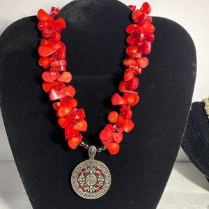 Teardrop Red Coral Beaded Necklace with Pendant